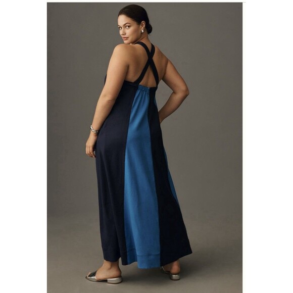 Anthropologie Maeve Maxi Dress Blue Ami Linen Halter Preppy Retro City Sz XL NWT - Picture 2 of 9